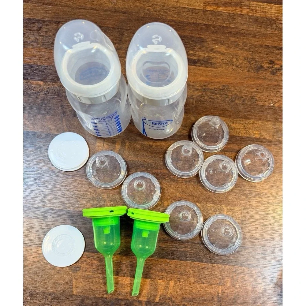 Dr. Browns 5 ounce anti colic wide neck baby bottle lot w/ various nipple flows
